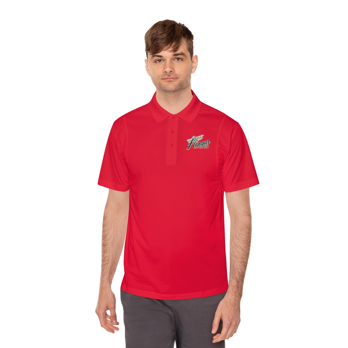 True red Hangar 614 men's performance polo worn from the front