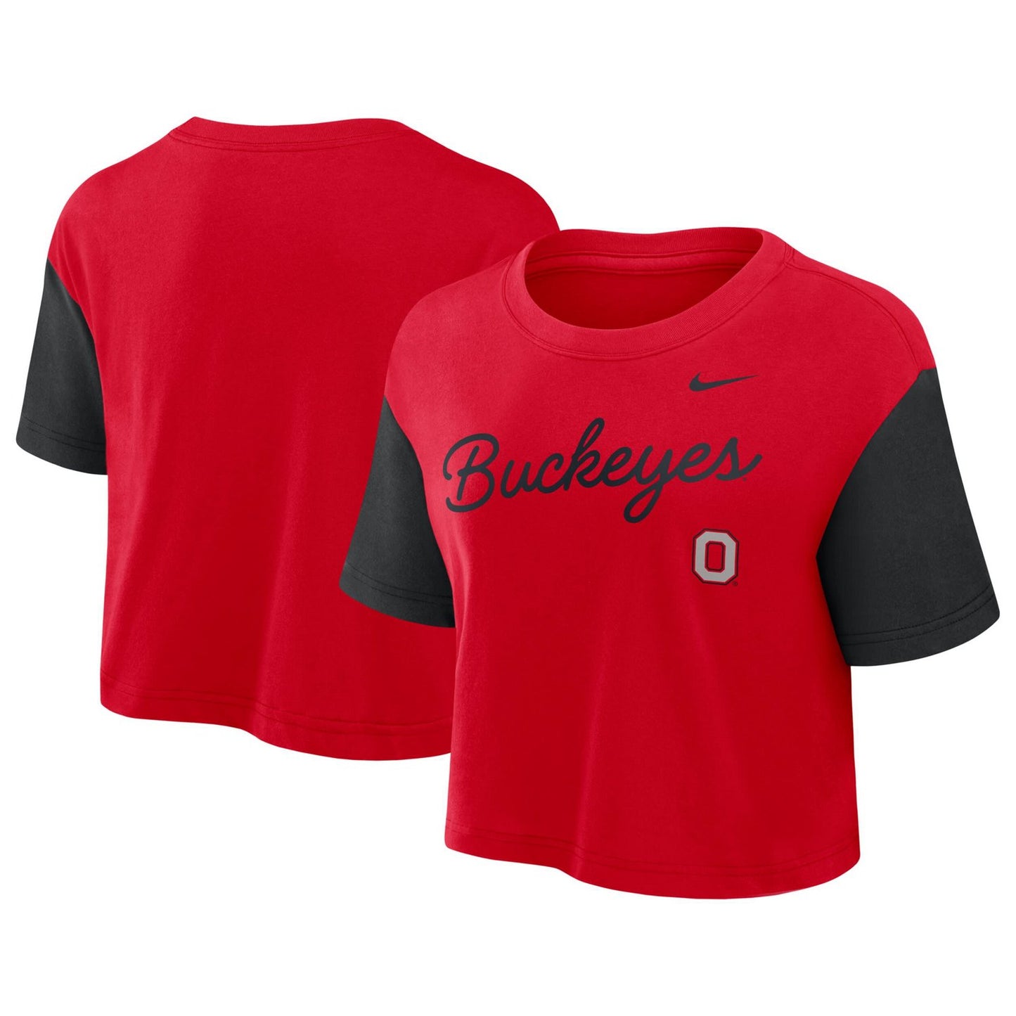 Ohio State Buckeyes Nike women's color-block script cropped T-shirt in scarlet and black