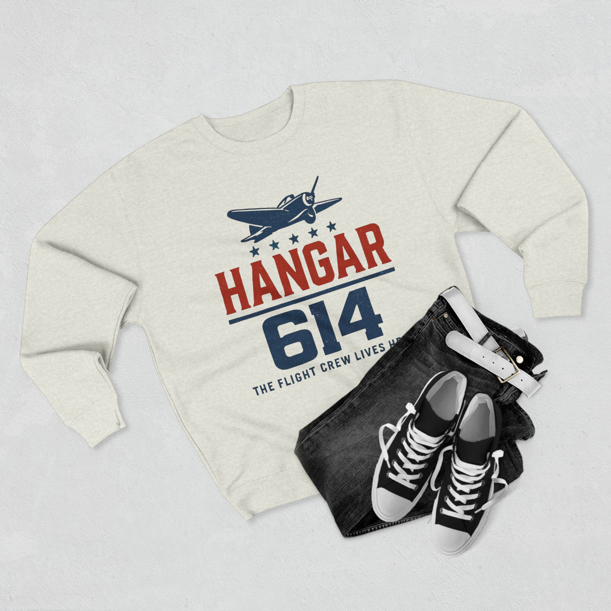 Oatmeal heather Hangar 614 Retro Crew Sweatshirt in a styled flat lay
