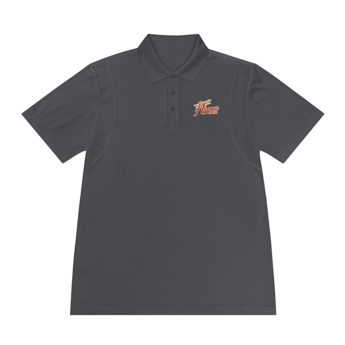 Front of iron grey Hangar 614 men's performance polo