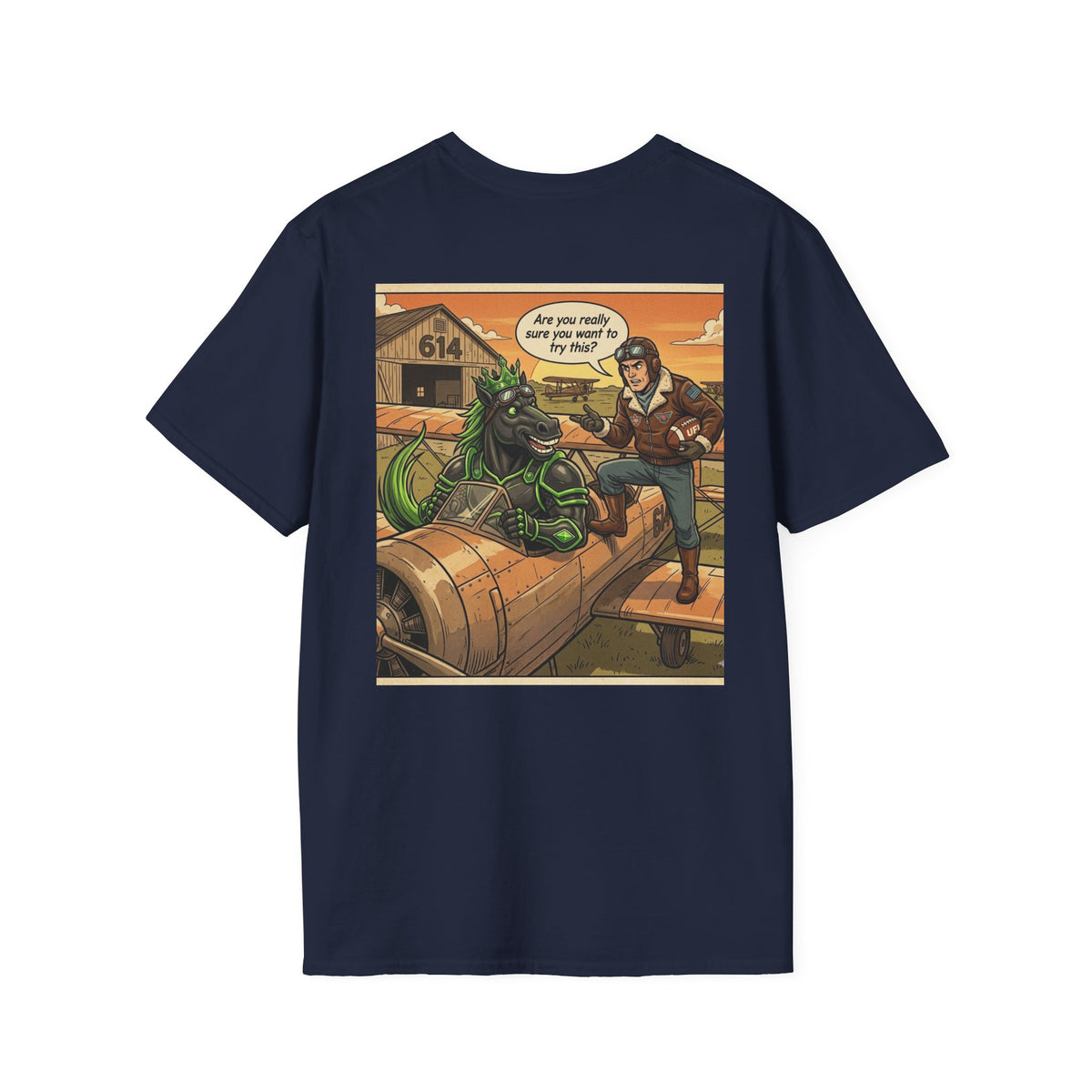 Navy Hangar 614 x 502 Kingdom Comic Tee — front model view