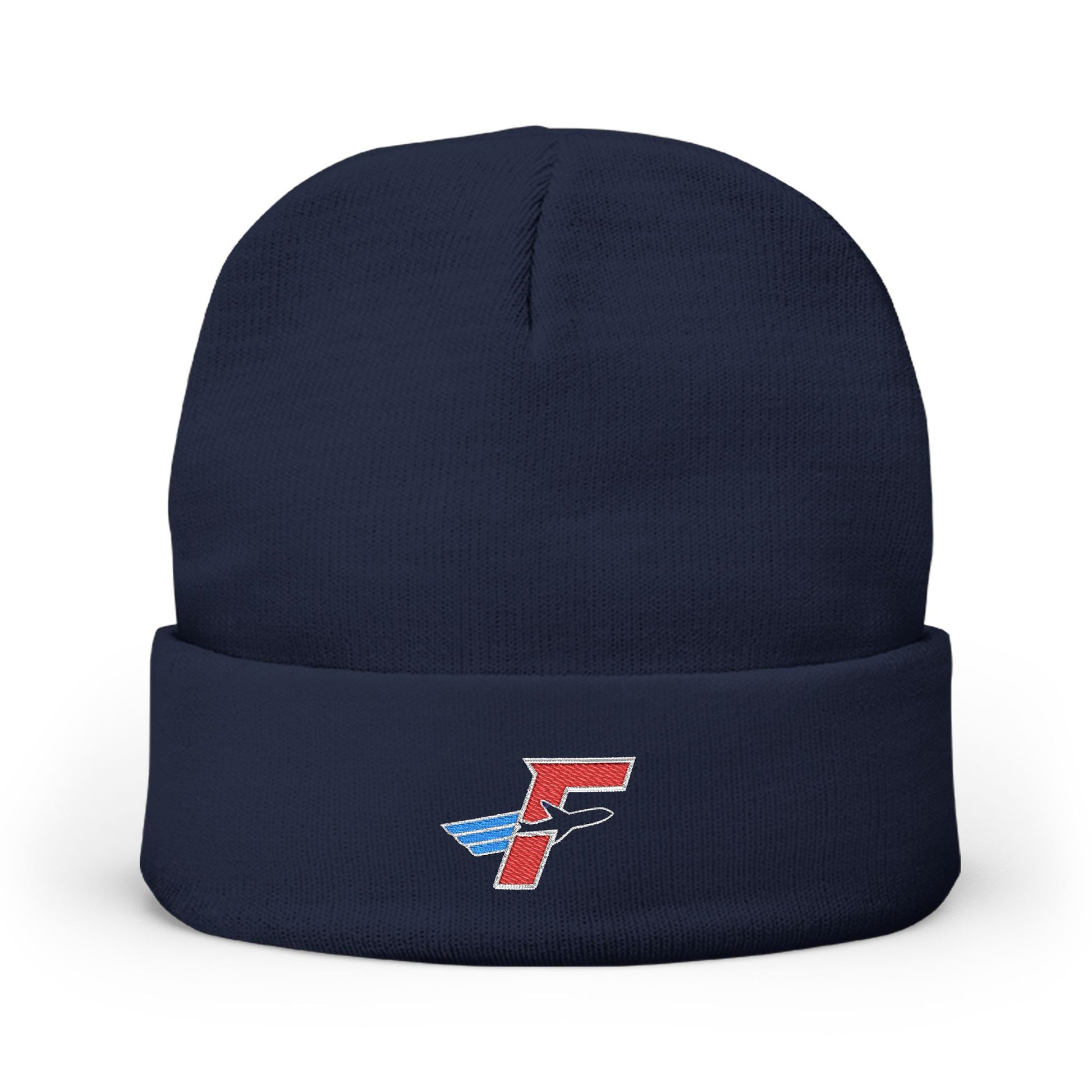 Angled front view of dark navy Flightdecke embroidered knit beanie