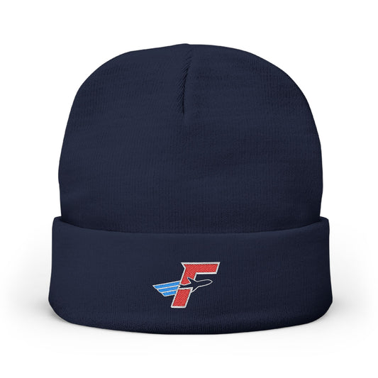 Angled front view of dark navy Flightdecke embroidered knit beanie