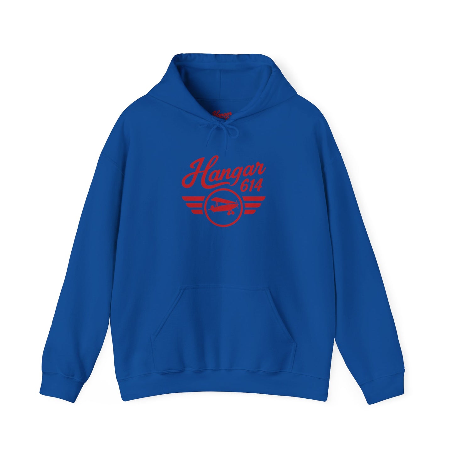 Front of royal Flight Crew Hoodie with Hangar 614 artwork