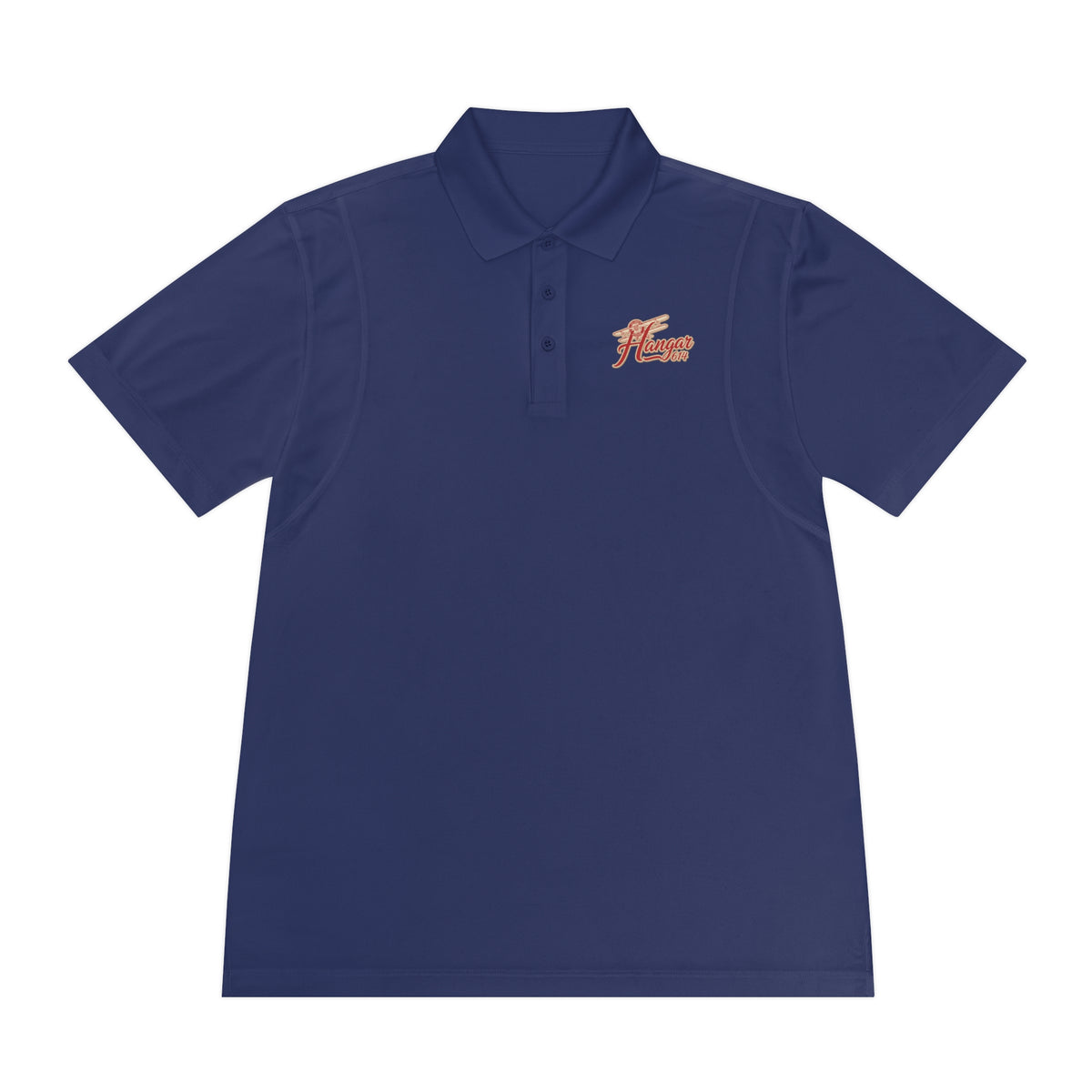 Front of true navy Hangar 614 men's performance polo