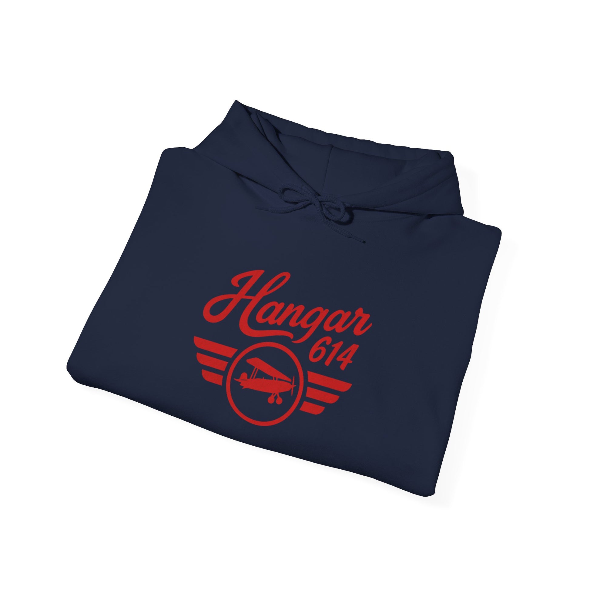 Folded navy Flight Crew Hoodie showing front artwork