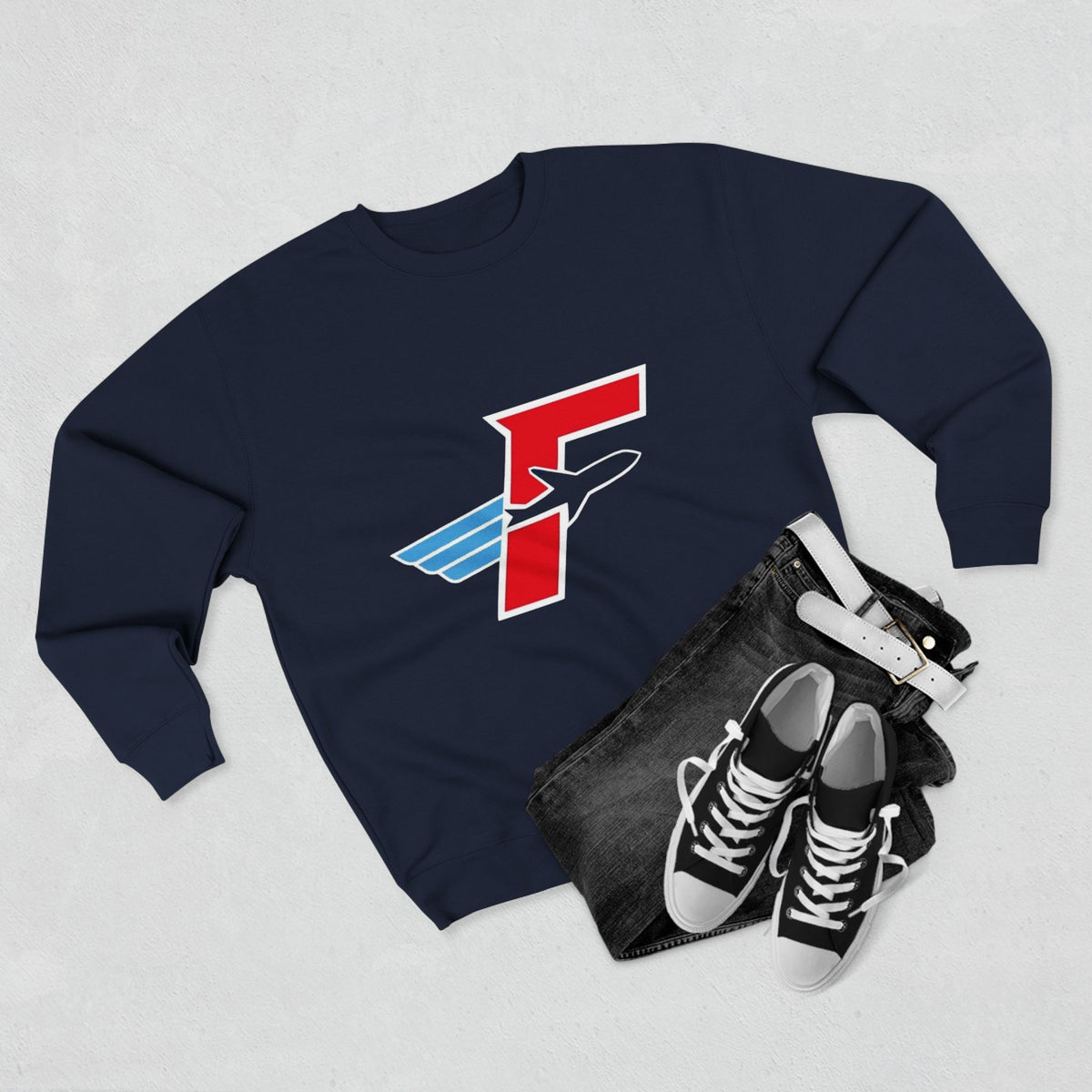 Navy FlightDecke Logo Crewneck Sweatshirt — back model view