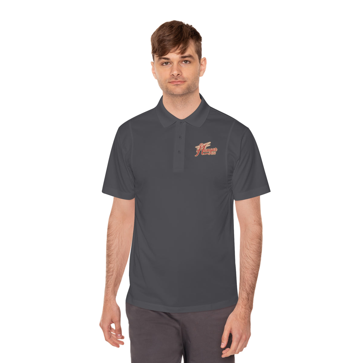 Iron grey Hangar 614 men's performance polo worn from the front