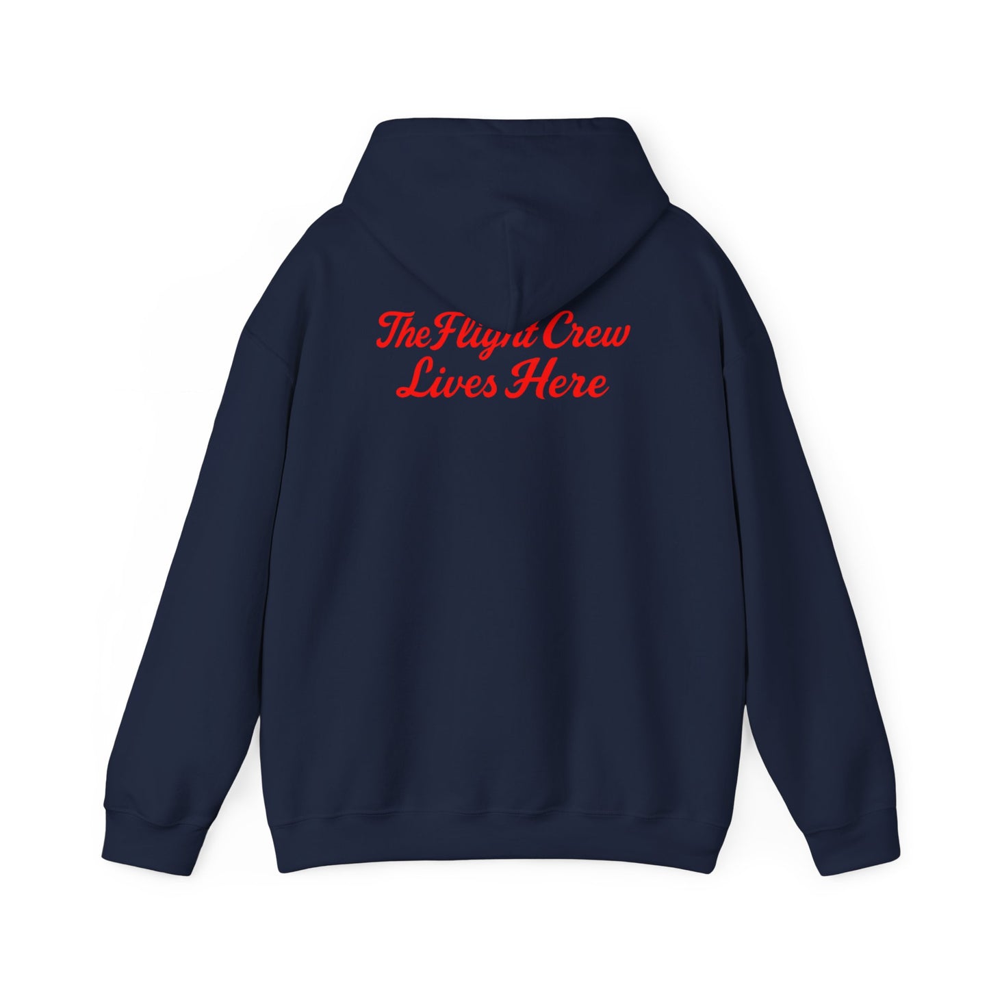 Back of navy Flight Crew Hoodie with The Flight Crew Lives Here