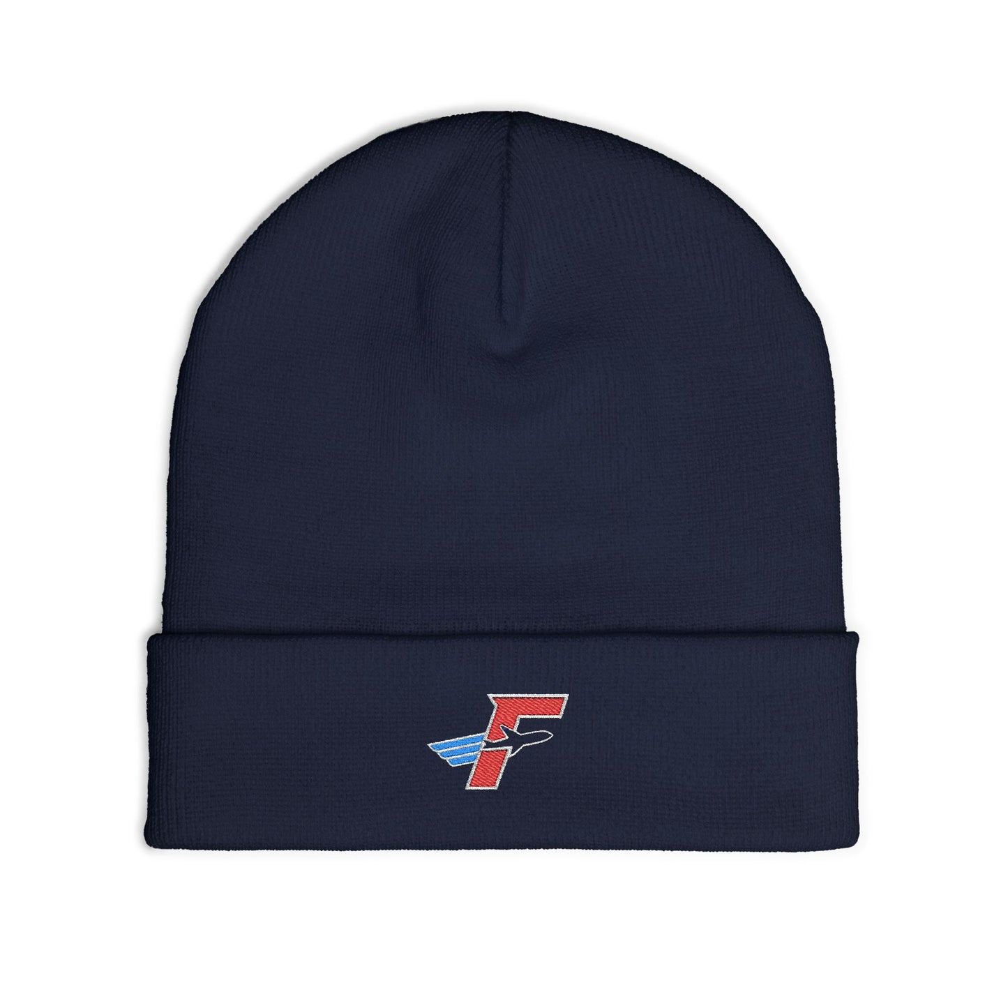 Front view of dark navy Flightdecke beanie with embroidered emblem
