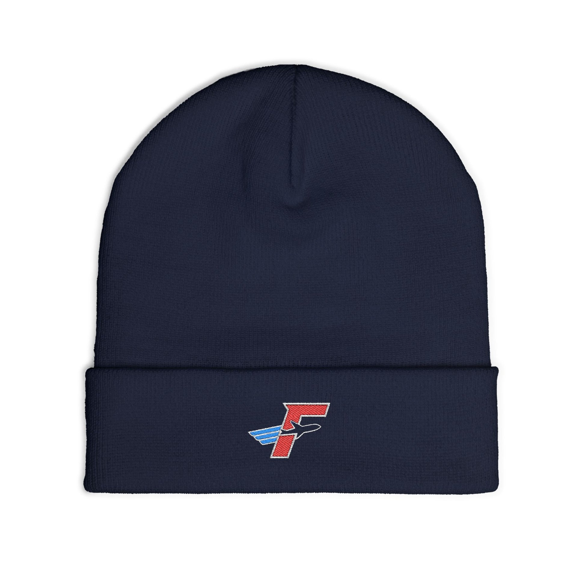 Front view of dark navy Flightdecke beanie with embroidered emblem