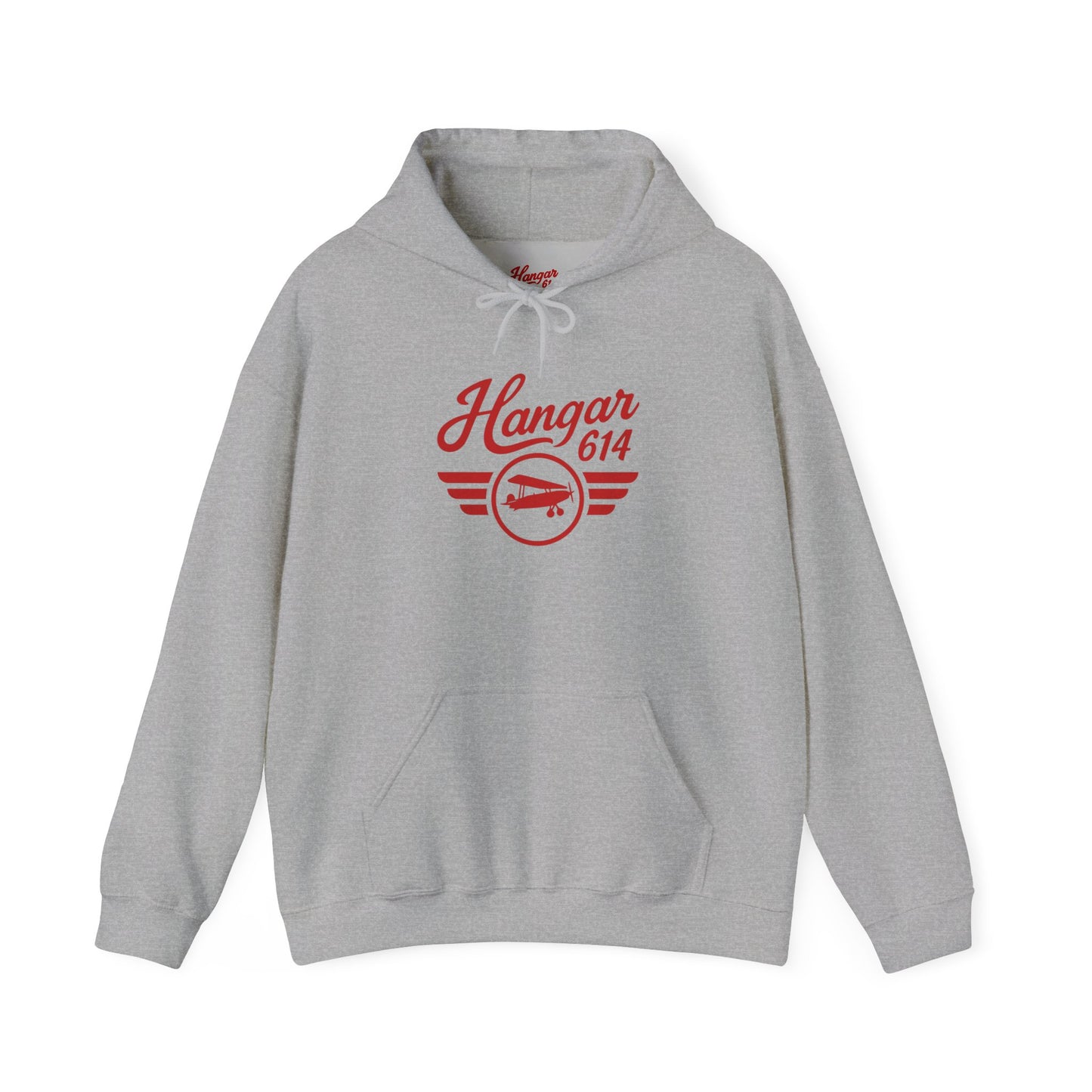 Front of sport grey Flight Crew Hoodie with Hangar 614 artwork