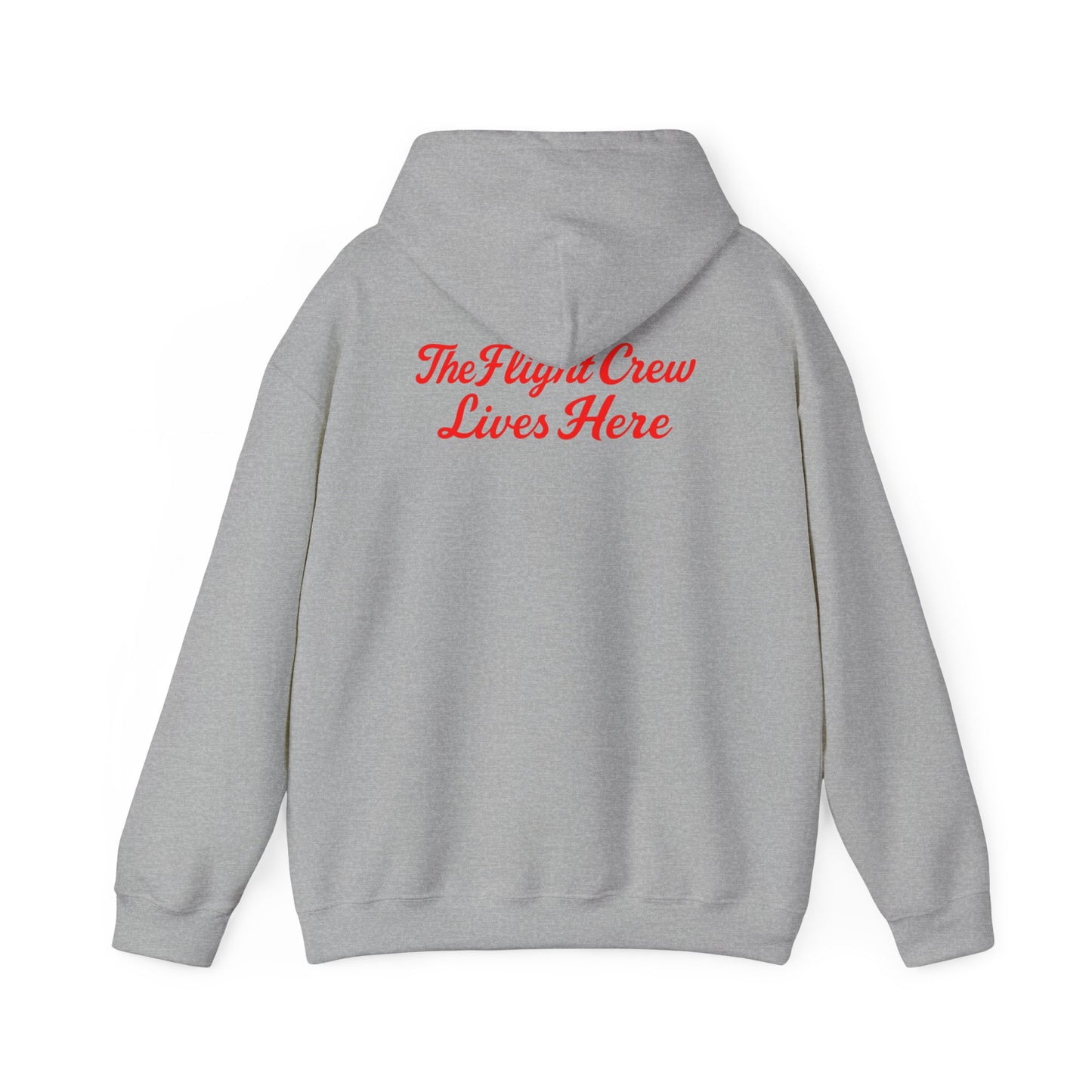 Back of sport grey Flight Crew Hoodie with The Flight Crew Lives Here