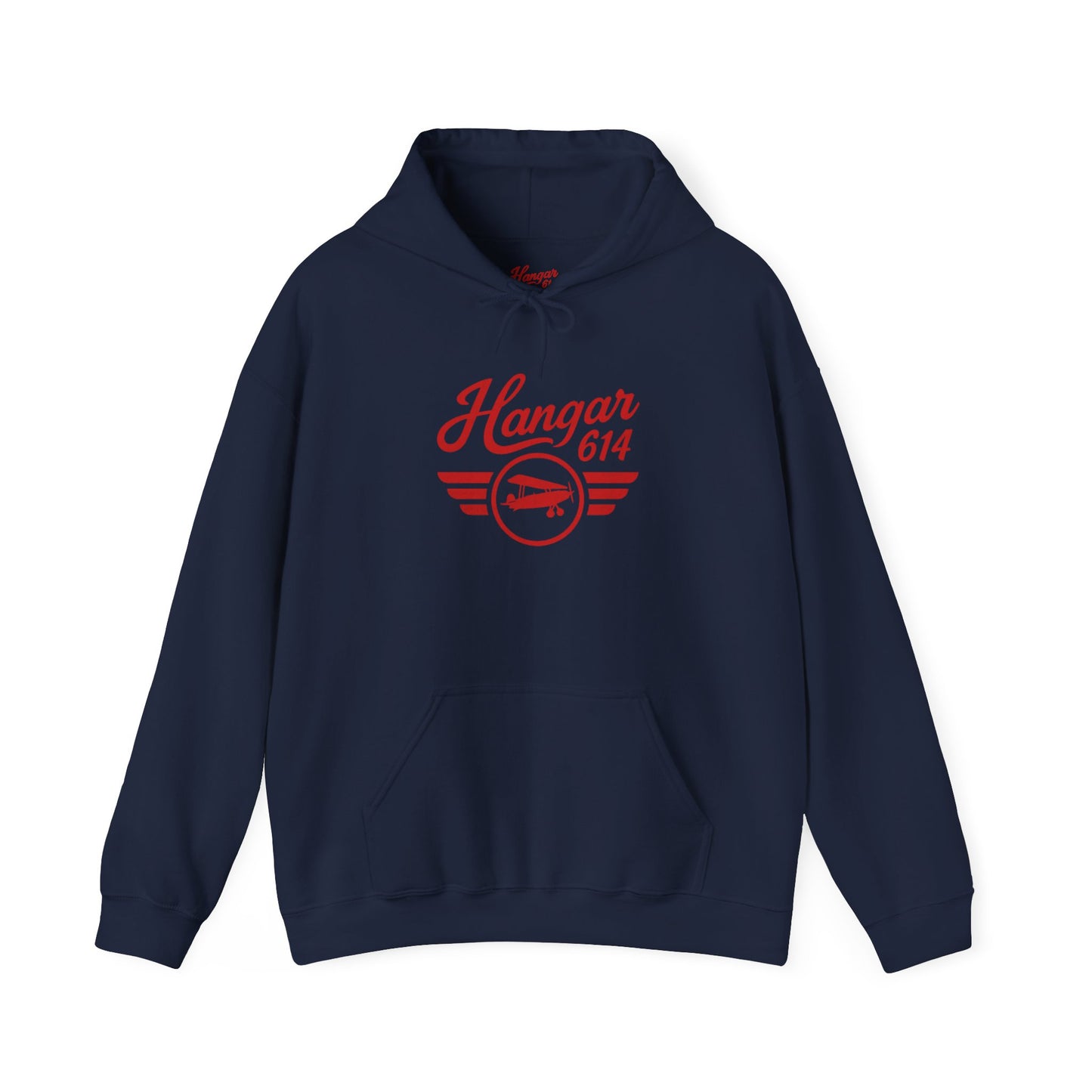 Front of navy Flight Crew Hoodie with Hangar 614 artwork