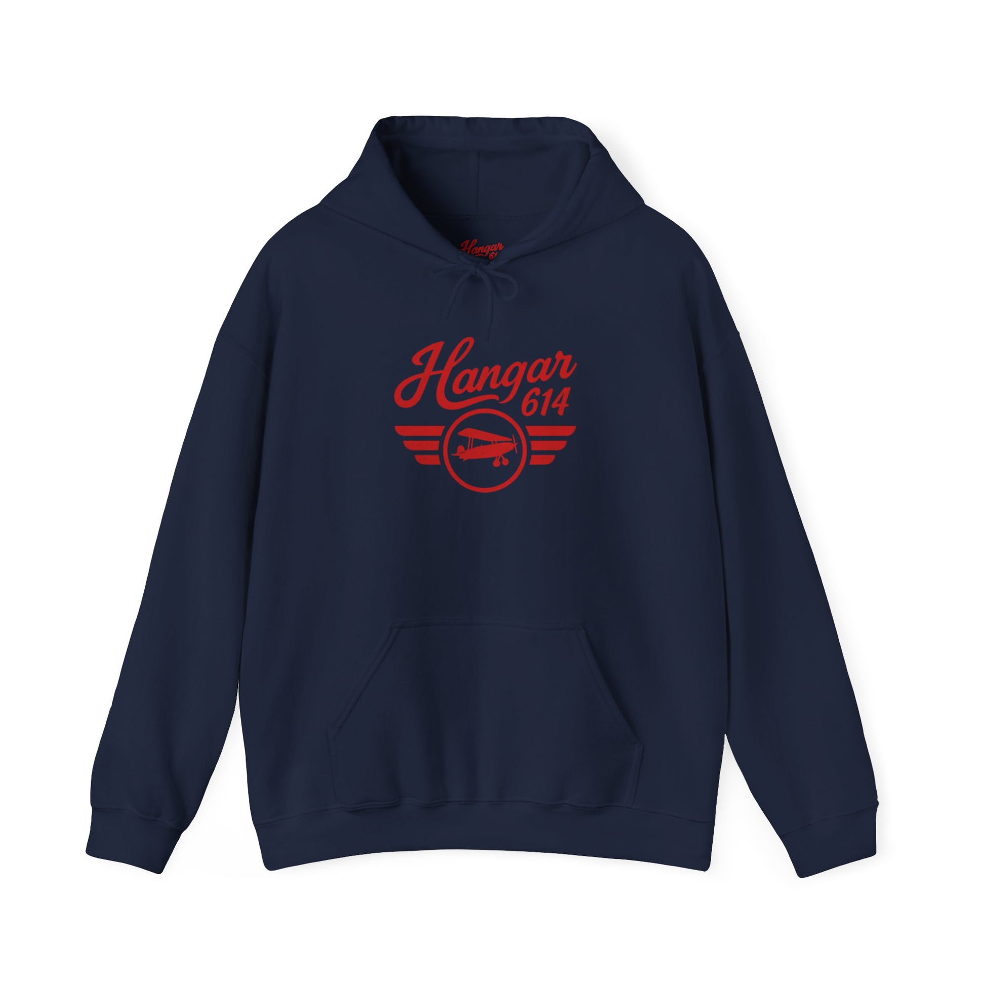 Front of navy Flight Crew Hoodie with Hangar 614 artwork