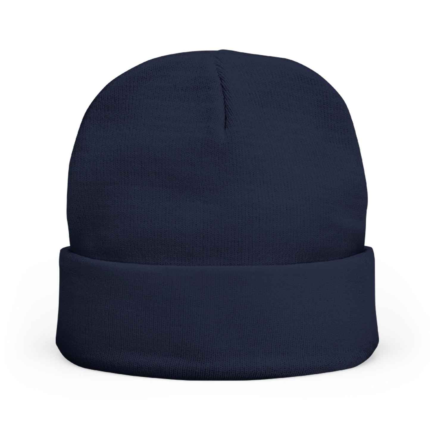 Angled back view of dark navy Flightdecke knit beanie