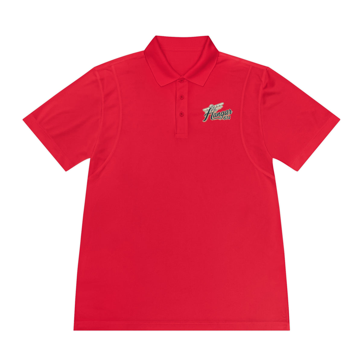 Front of true red Hangar 614 men's performance polo