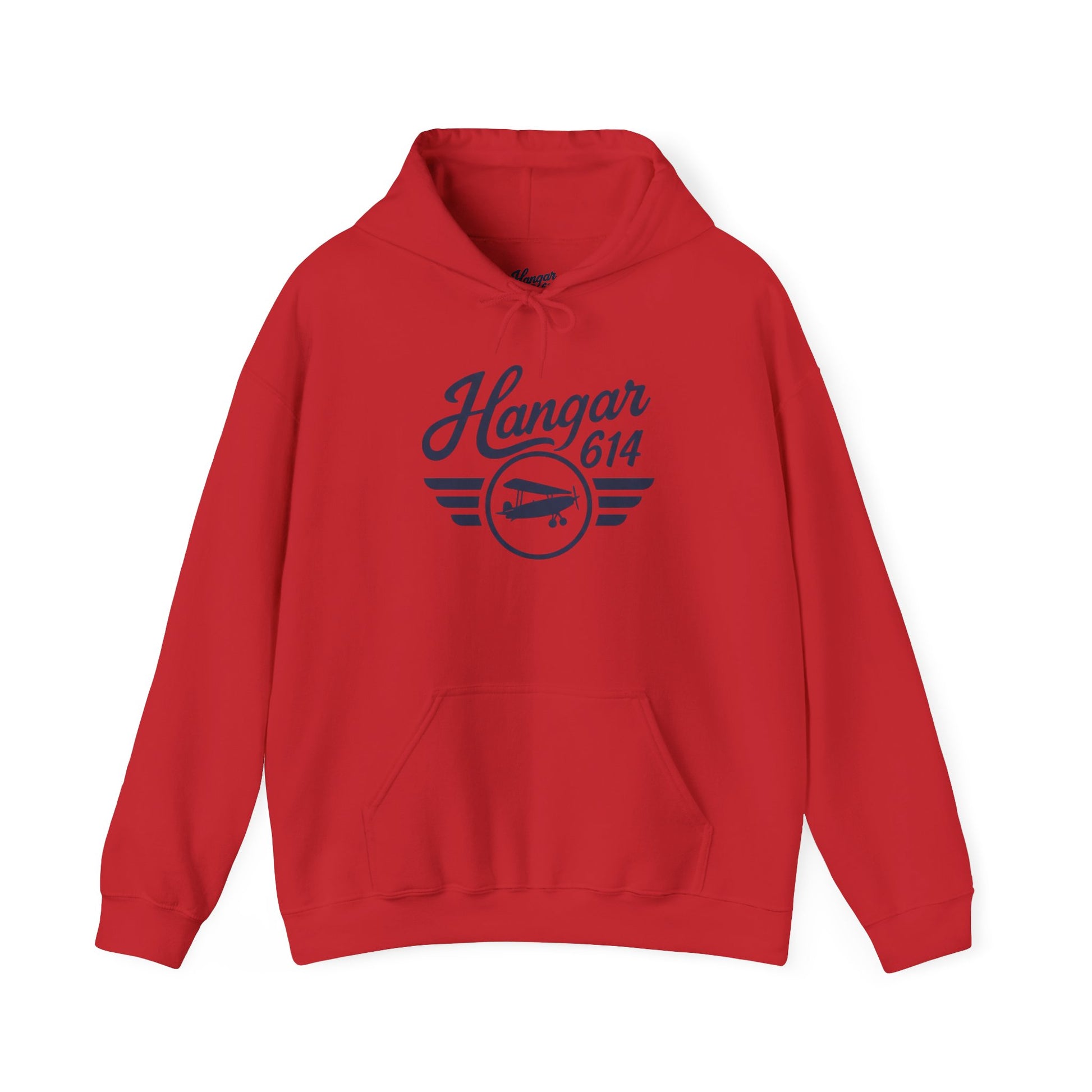 Front of red Flight Crew Hoodie with Hangar 614 artwork