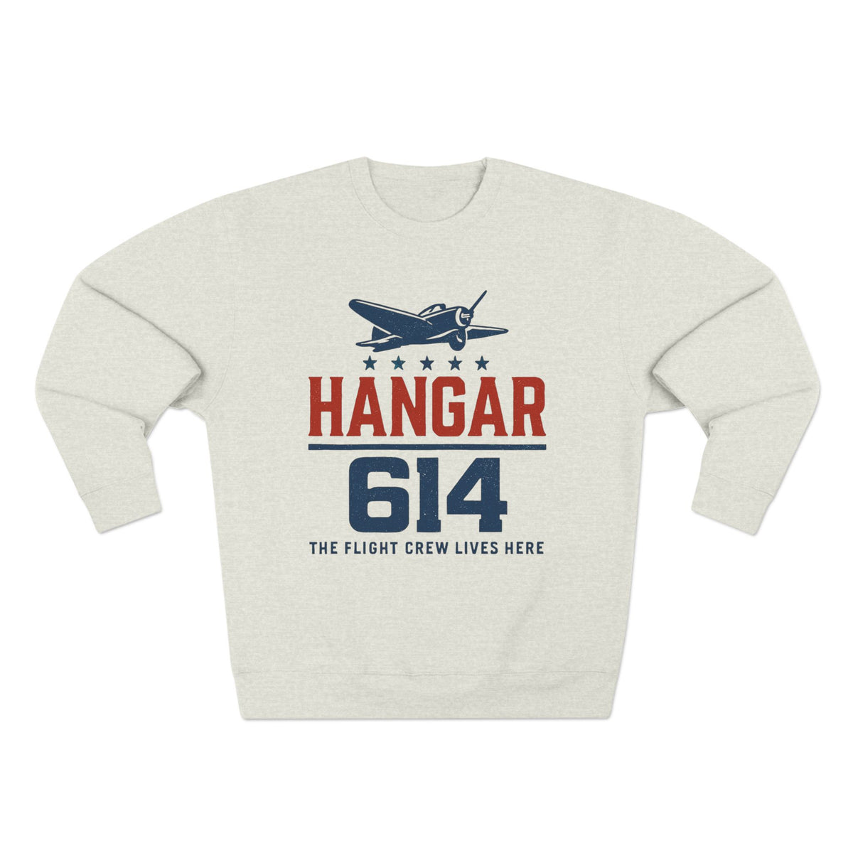 Front of oatmeal heather Hangar 614 Retro Crew Sweatshirt