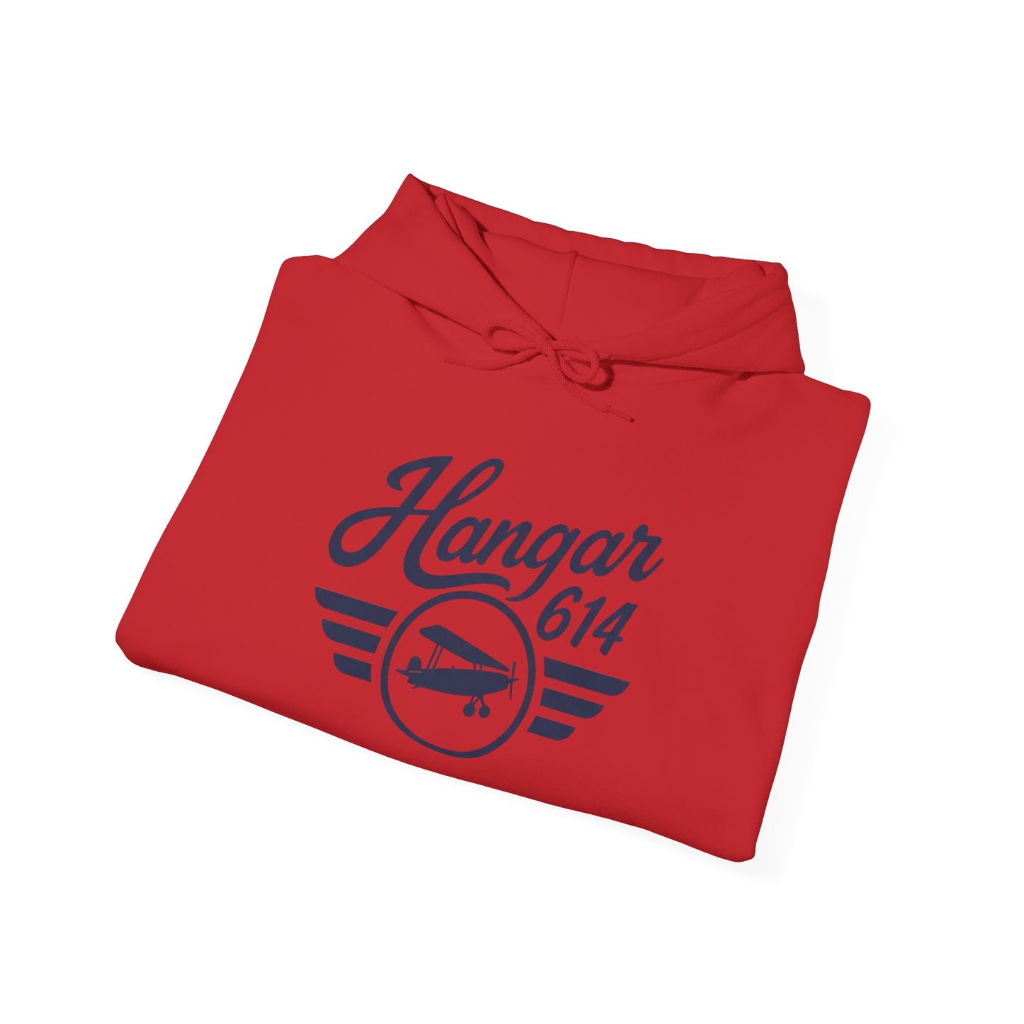 Folded red Flight Crew Hoodie showing front artwork