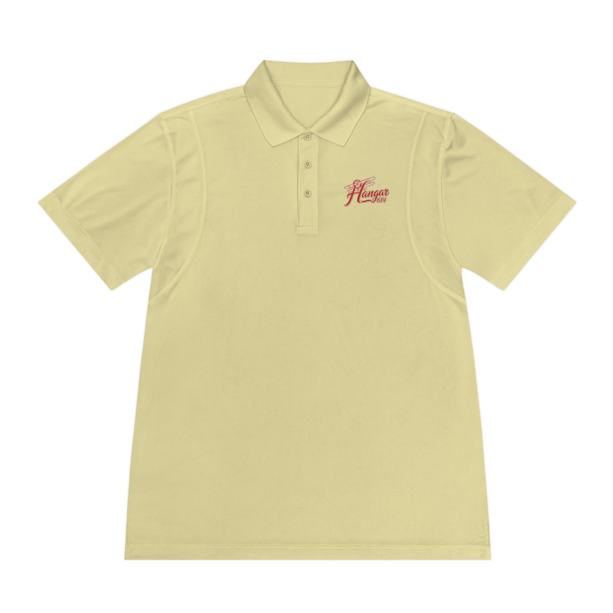 Front of Vegas gold Hangar 614 men's performance polo