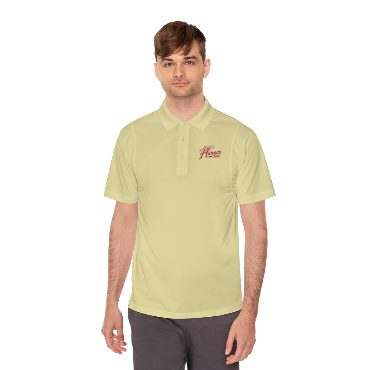 Vegas gold Hangar 614 men's performance polo worn from the front