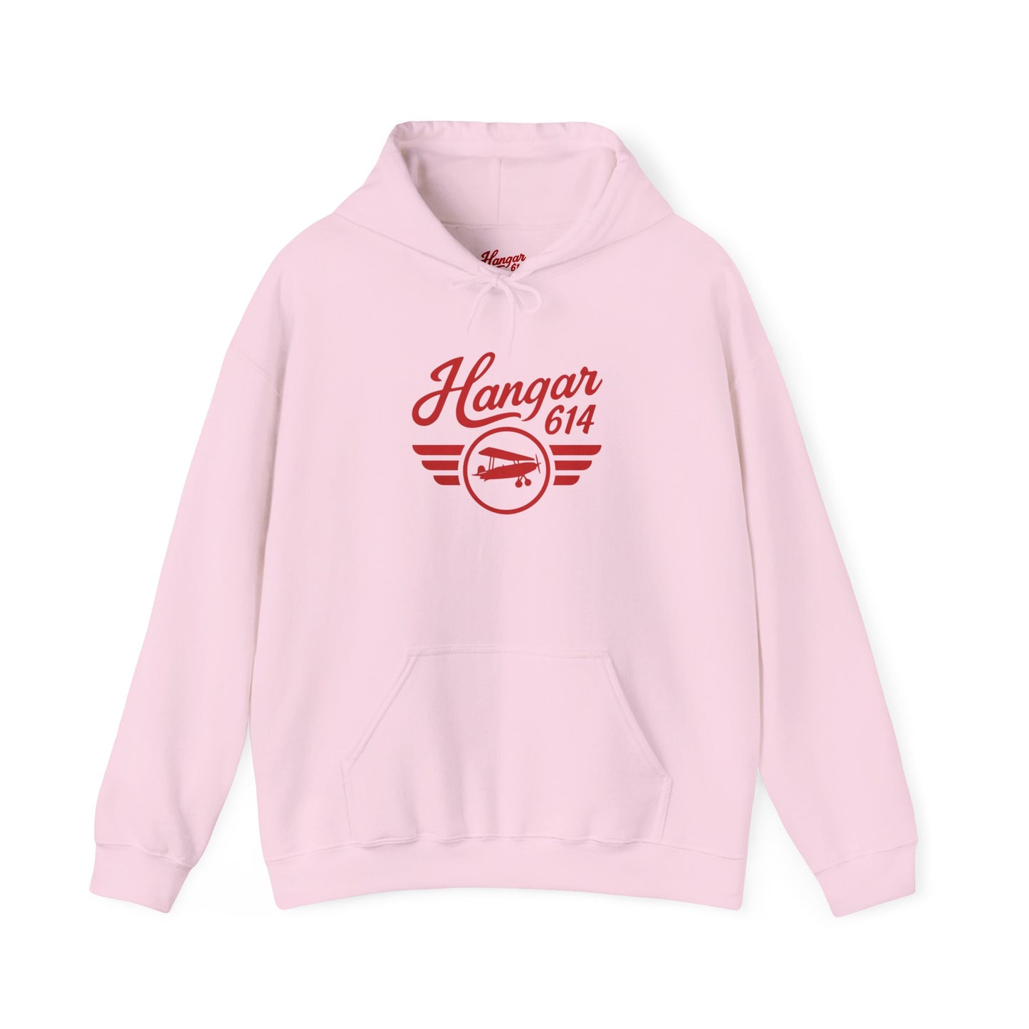 Front of light pink Flight Crew Hoodie with Hangar 614 artwork