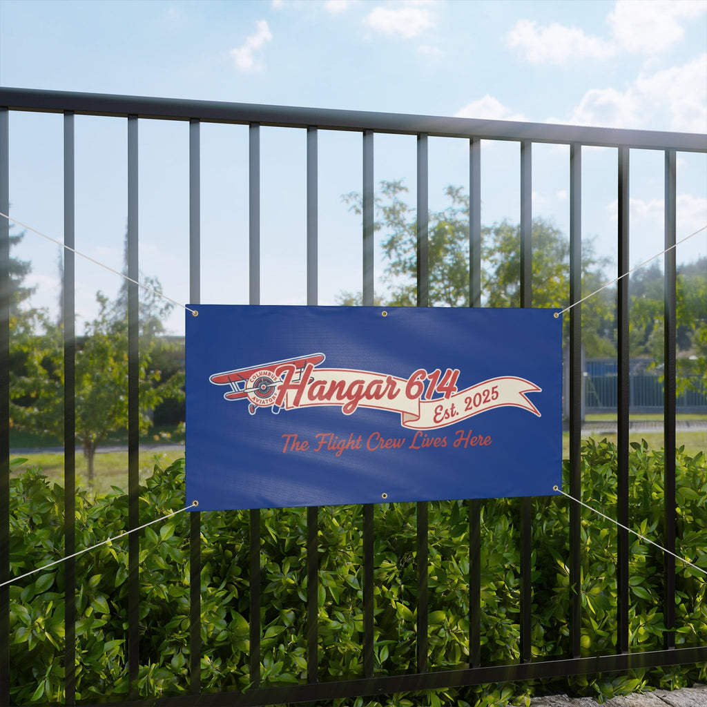 Hangar 614 Matte Banner — 'The Flight Crew Lives Here' Est. 2025 Outdoor Aviation Sign - Hangar 614