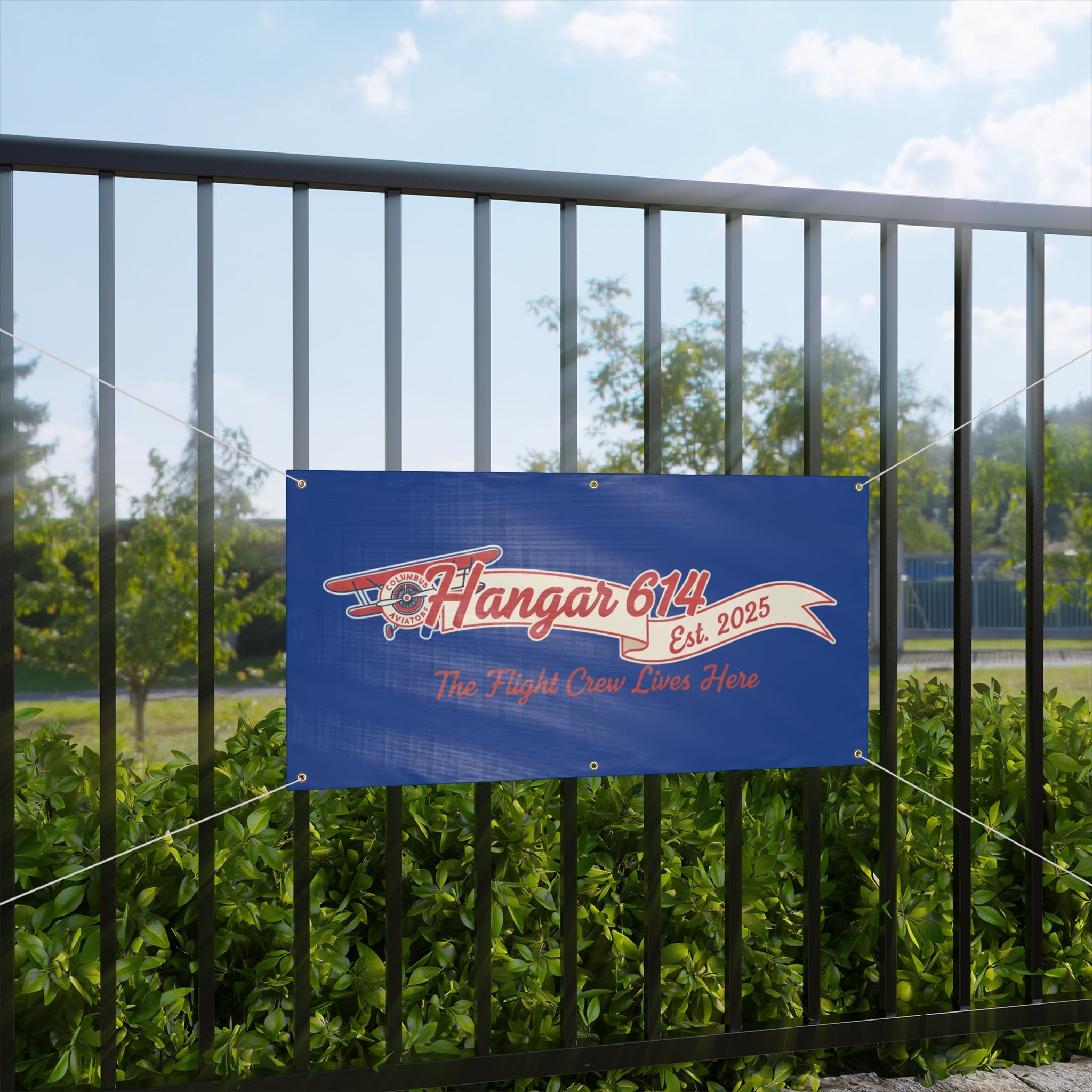 Hangar 614 Matte Banner — 'The Flight Crew Lives Here' Est. 2025 Outdoor Aviation Sign - Hangar 614