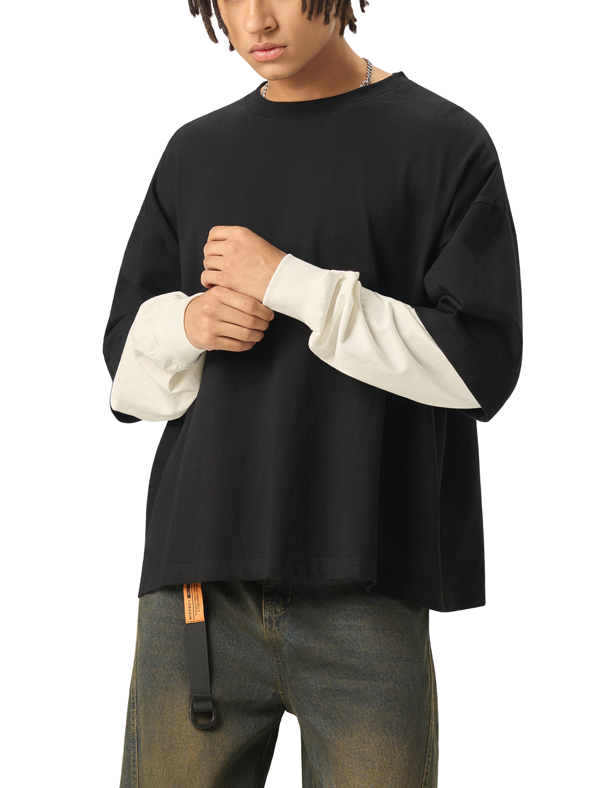 Layered Contrast Sleeve Cotton T-Shirt