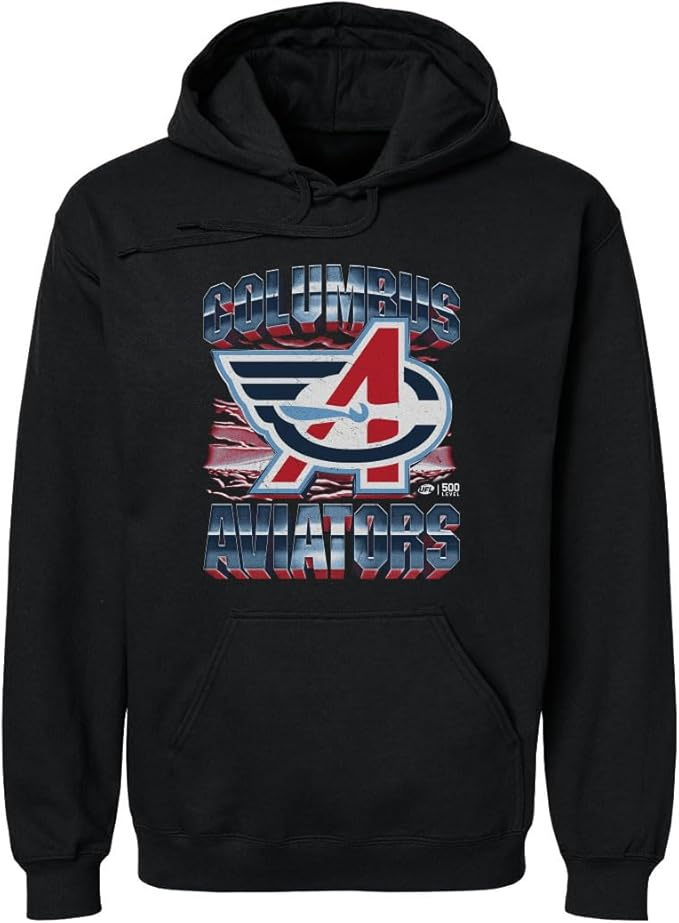 Black 500 LEVEL Columbus Aviators vintage men's hoodie with distressed logo artwork