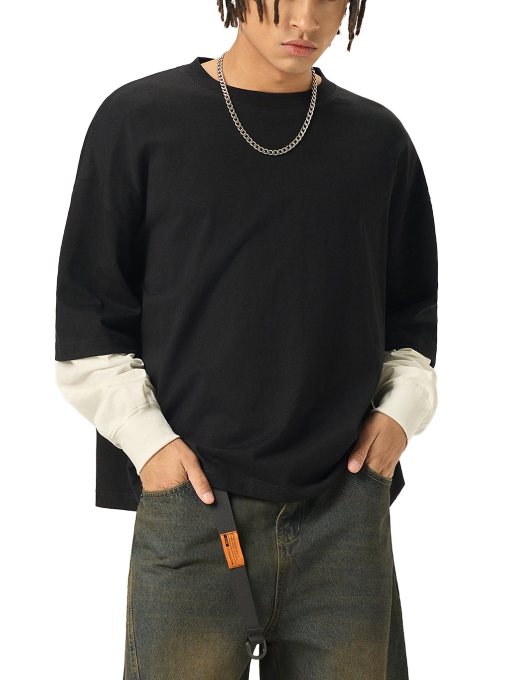 Layered Contrast Sleeve Cotton T-Shirt - Hangar 614