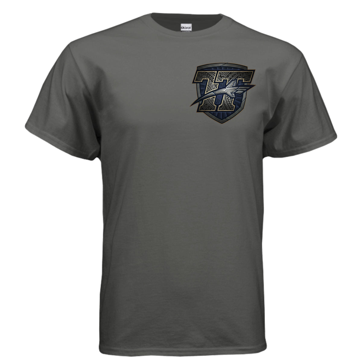 Graphite Heather Toa Taua Chest Patch Tee — detail view