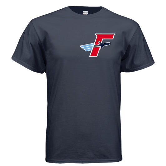 Front of navy I Was There T-shirt with red white and blue Flightdecke emblem