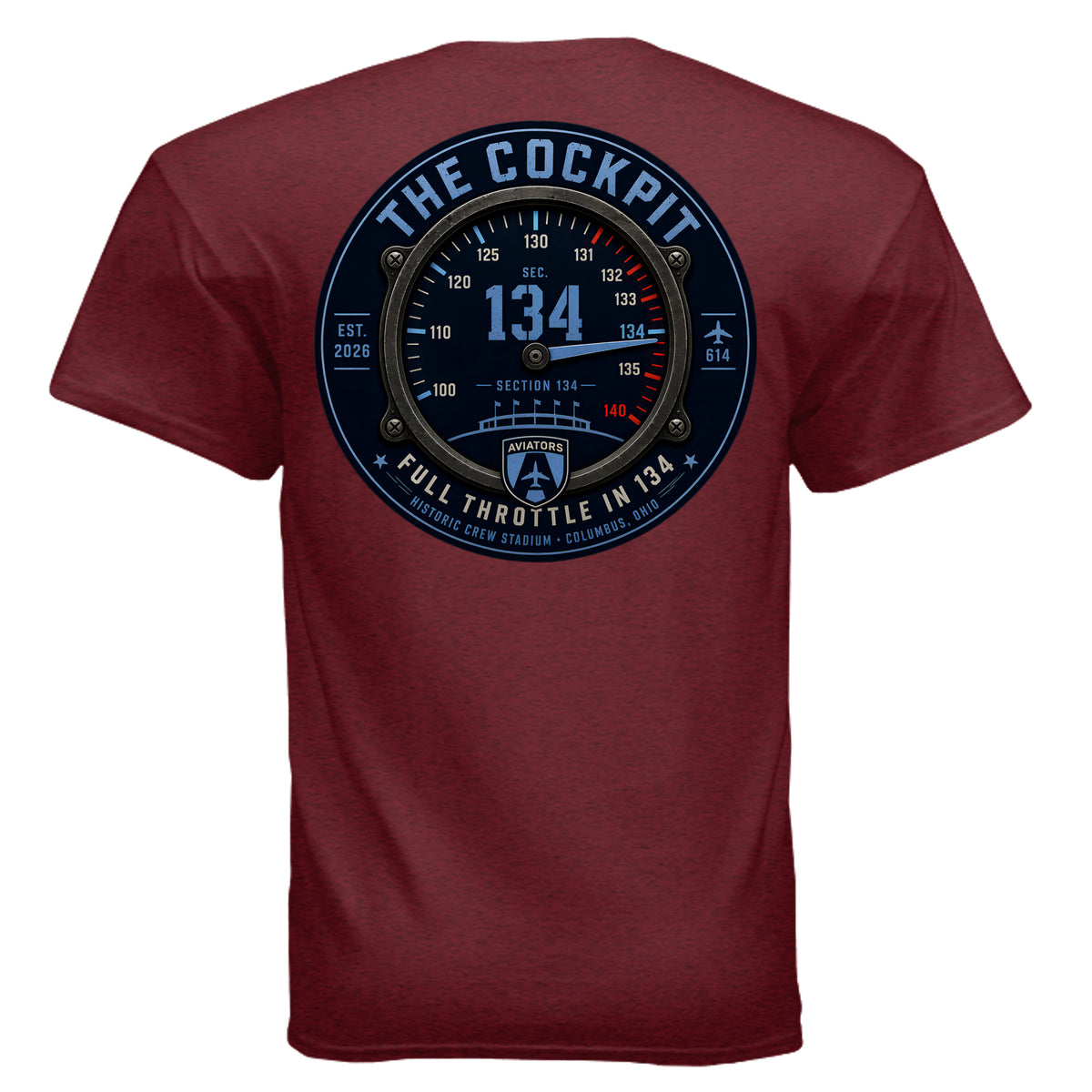Back of antique cherry red Cockpit Full Throttle T-shirt with Section 134 gauge artwork
