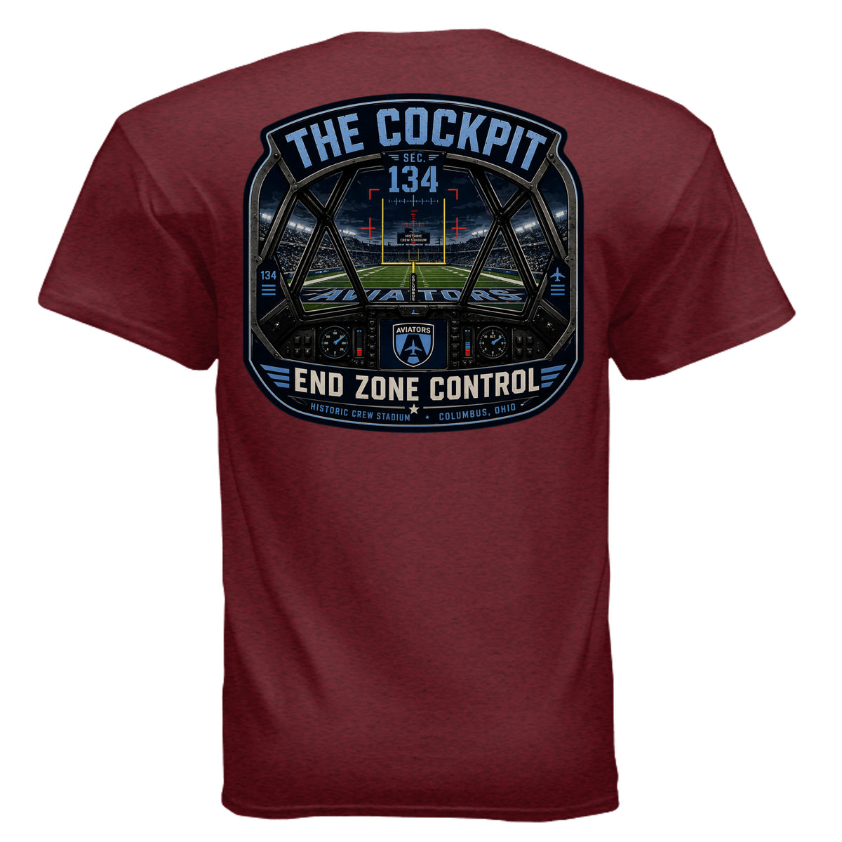 Back of antique cherry red Cockpit End Zone Control T-shirt with stadium flight deck artwork