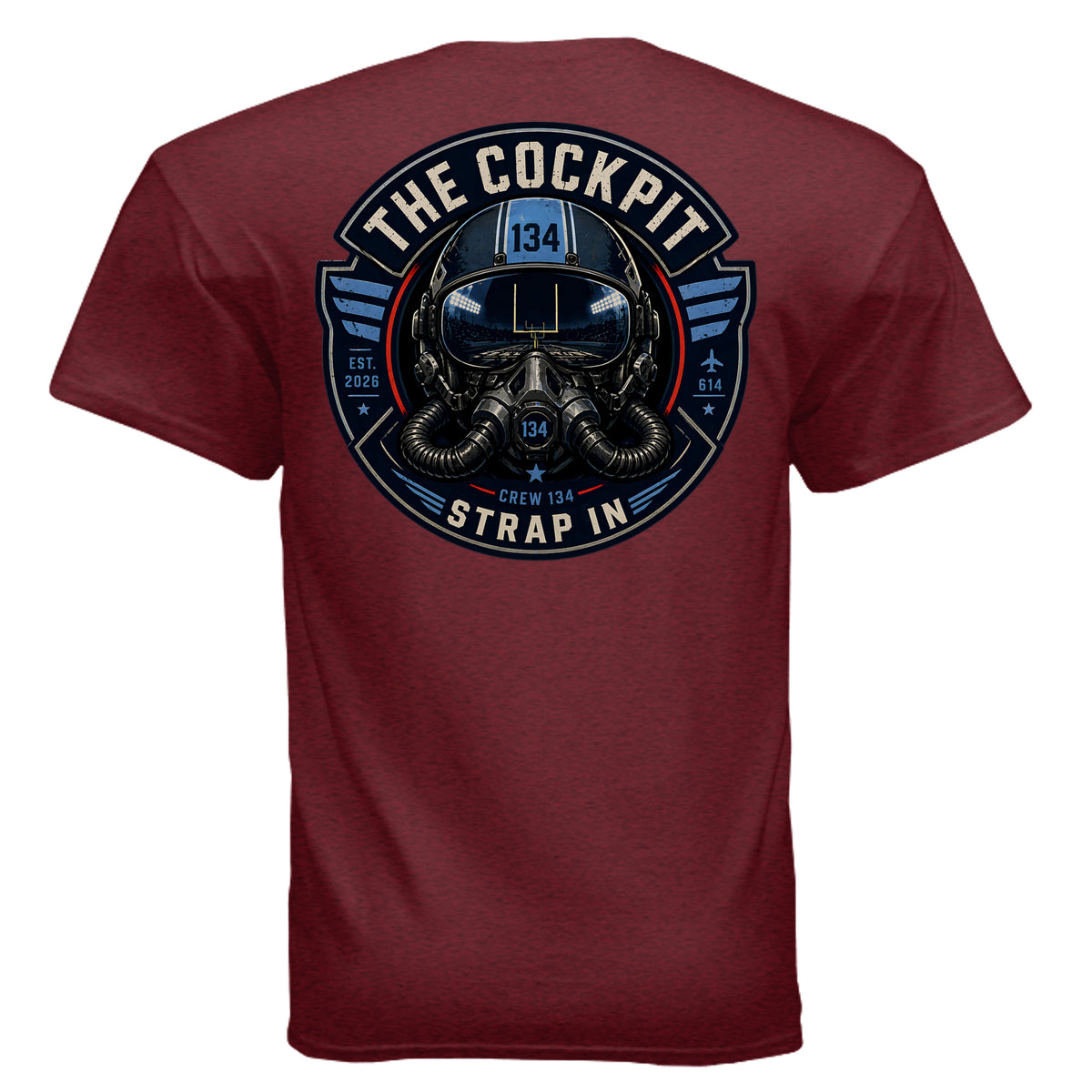 Back of antique cherry red Cockpit Strap In T-shirt with Section 134 pilot helmet