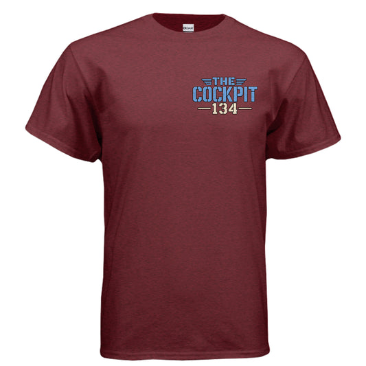 Front of antique cherry red Cockpit Strap In T-shirt with Section 134 chest mark