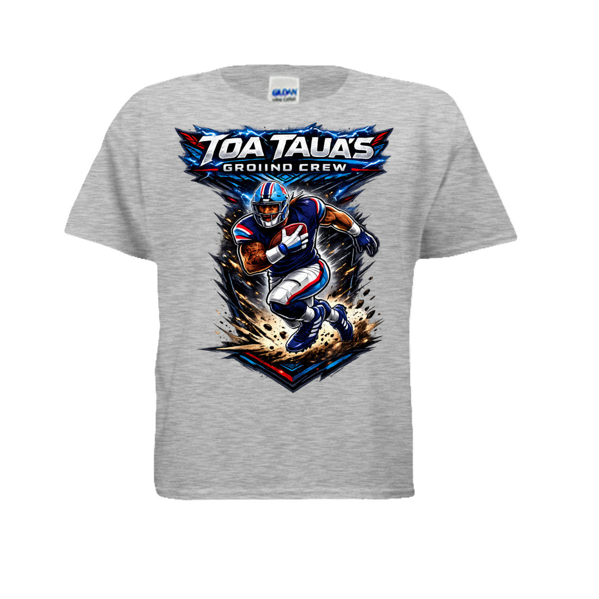 Front of ash Ground Crew Crush youth T-shirt with Toa Taua football artwork