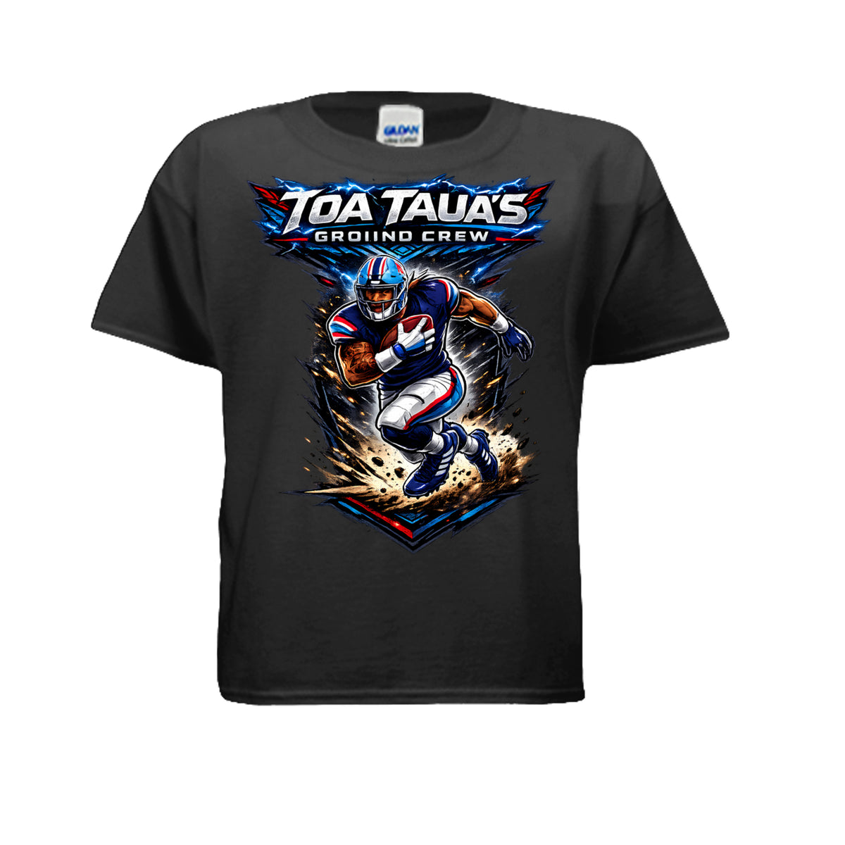 Front of black Ground Crew Crush youth T-shirt with Toa Taua football artwork