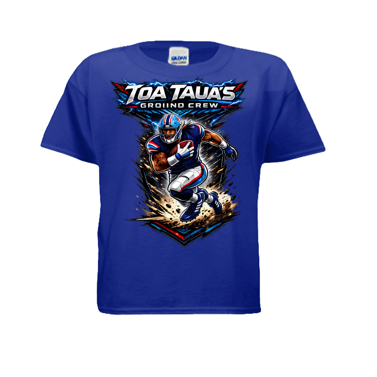Front of royal Ground Crew Crush youth T-shirt with Toa Taua football artwork