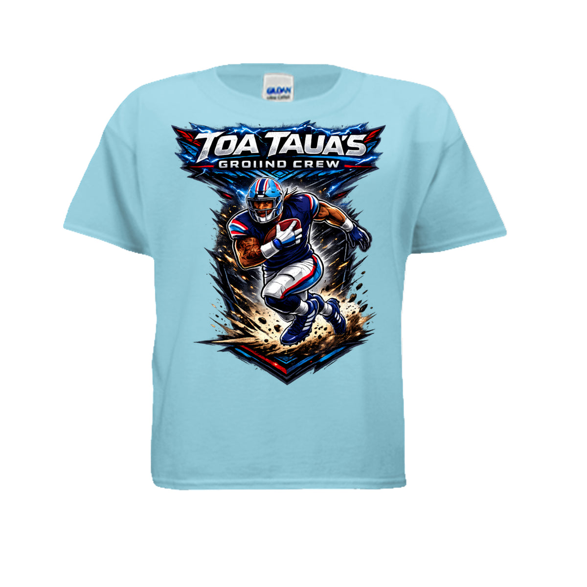 Front of sky Ground Crew Crush youth T-shirt with Toa Taua football artwork
