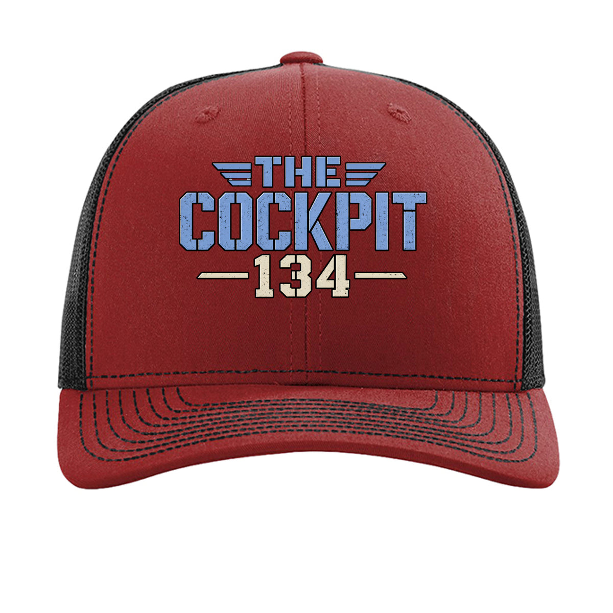 Front of cardinal and black Cockpit 134 Richardson trucker hat