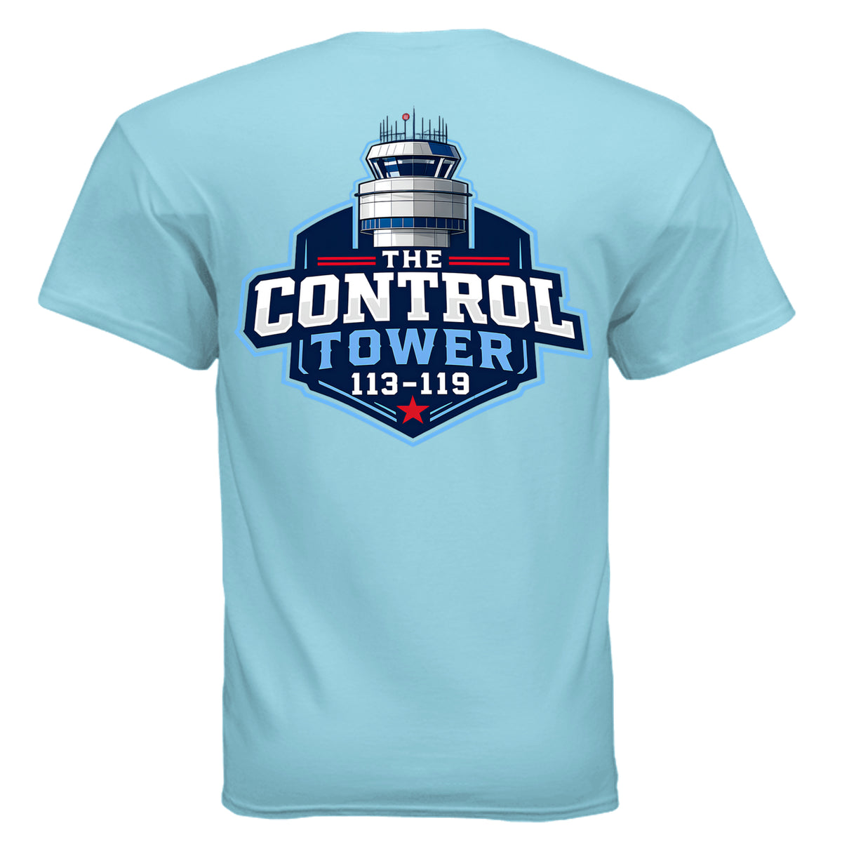 Back of sky blue Control Tower Badge T-shirt with oversized 113–119 emblem