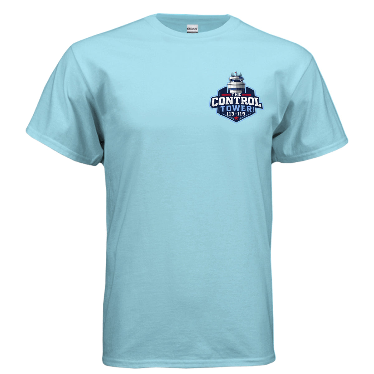 Front of sky blue Control Tower Badge T-shirt with small 113–119 emblem