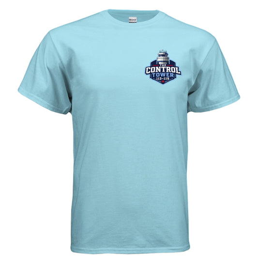 Front of sky blue Control Tower Badge T-shirt with small 113–119 emblem