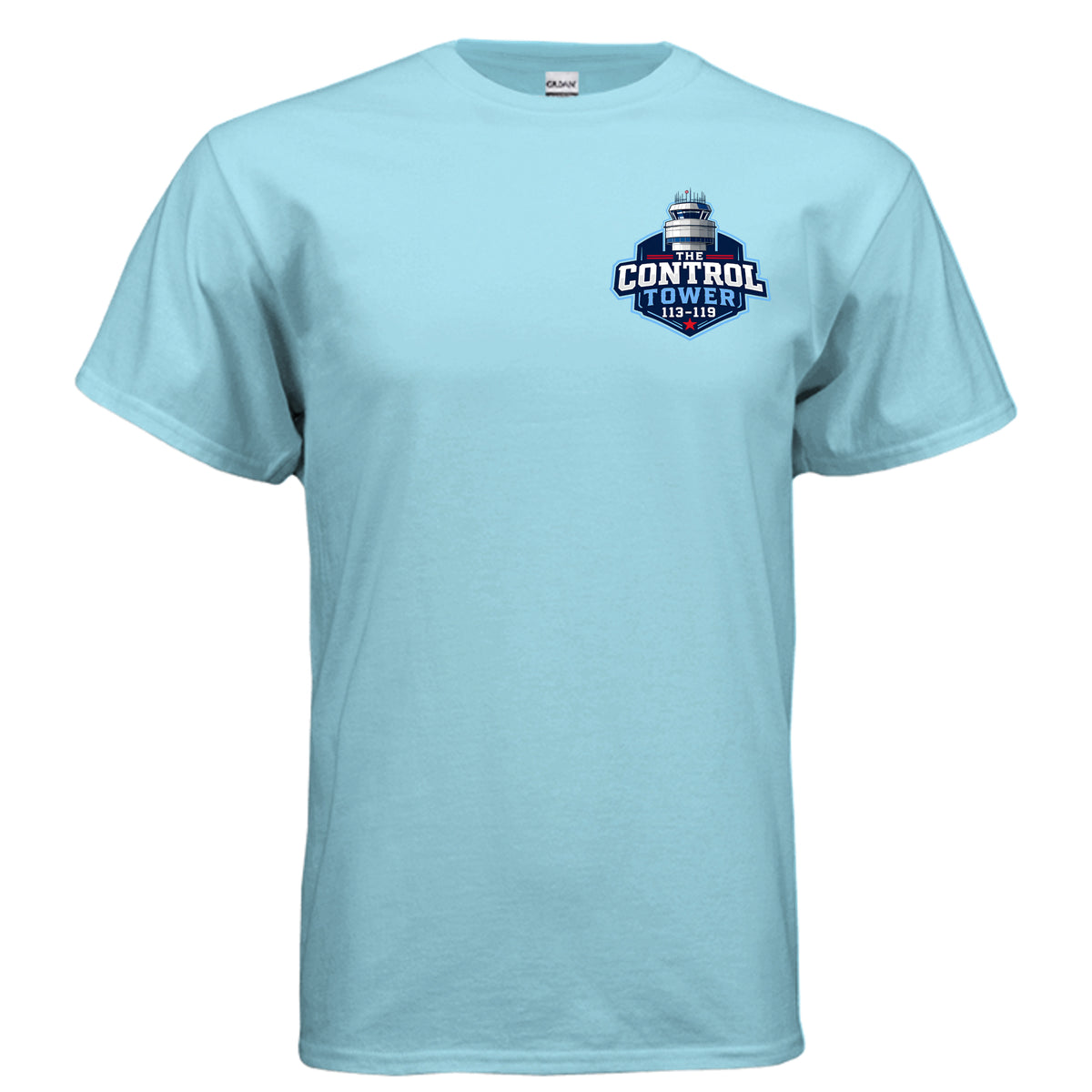 Front of sky blue Control Tower Takeoff T-shirt with small 113–119 badge