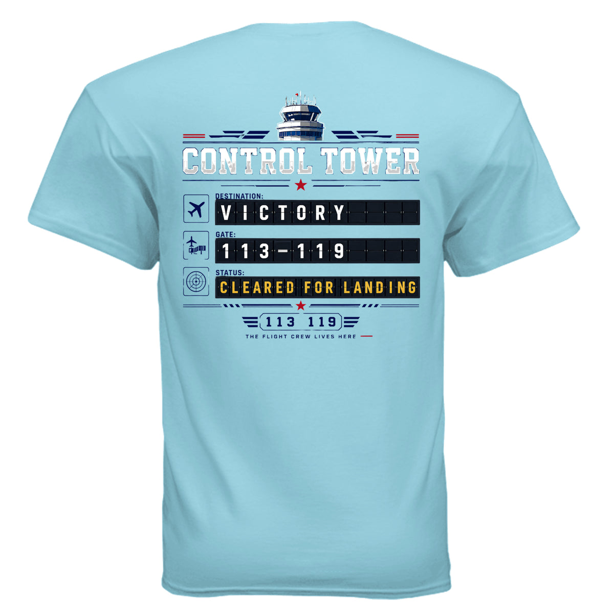Back of sky blue Control Tower Departure T-shirt with Victory flight board