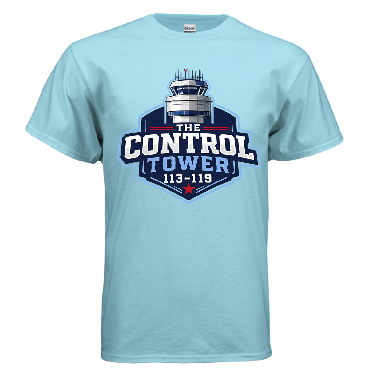 Front of sky blue Control Tower Departure T-shirt with 113–119 badge