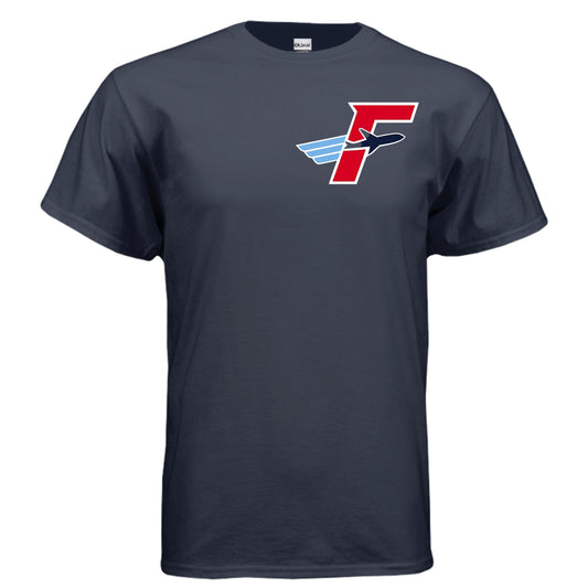 Front of navy Flightdecke PLANES Cheer T-shirt with winged F emblem